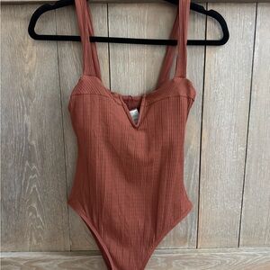 L*Space Brown One Piece with Plunging Neckline and Textured Fabric